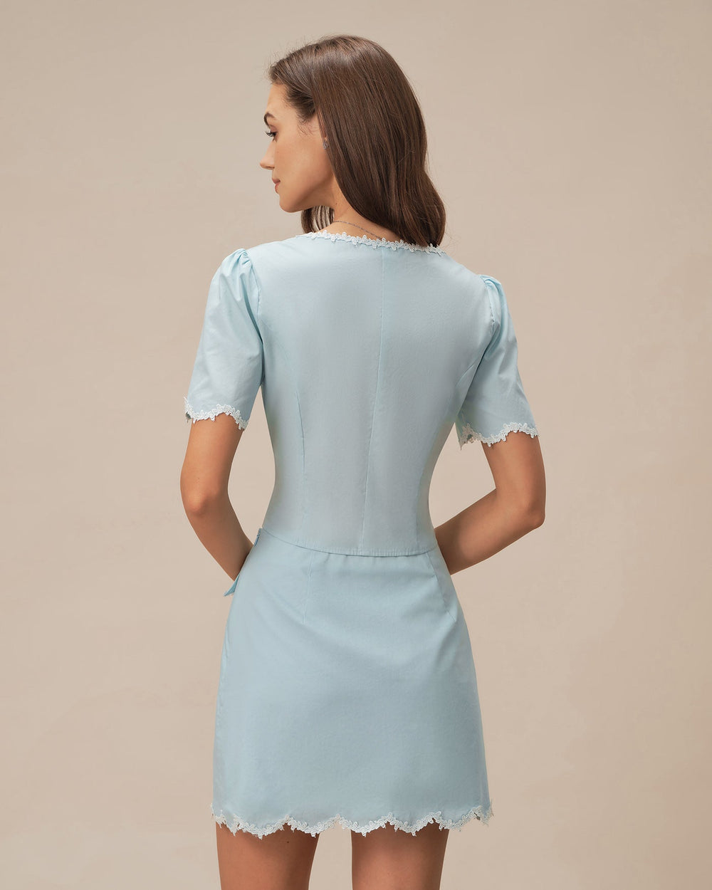 Blue Lace Button Square Neck Shirt | Rihoas