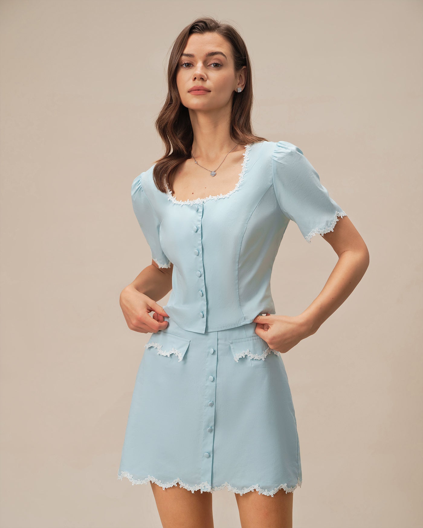 Blue Lace Button Square Neck Shirt | Rihoas