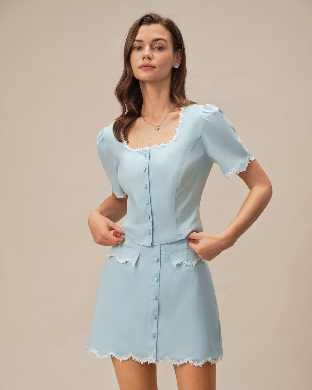 Blue Lace Button Square Neck Shirt | Rihoas
