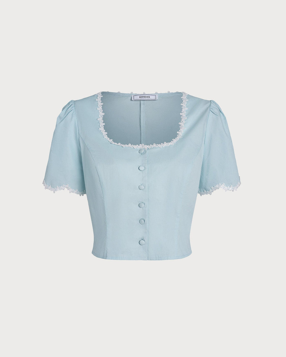 Blue Lace Button Square Neck Shirt | Rihoas