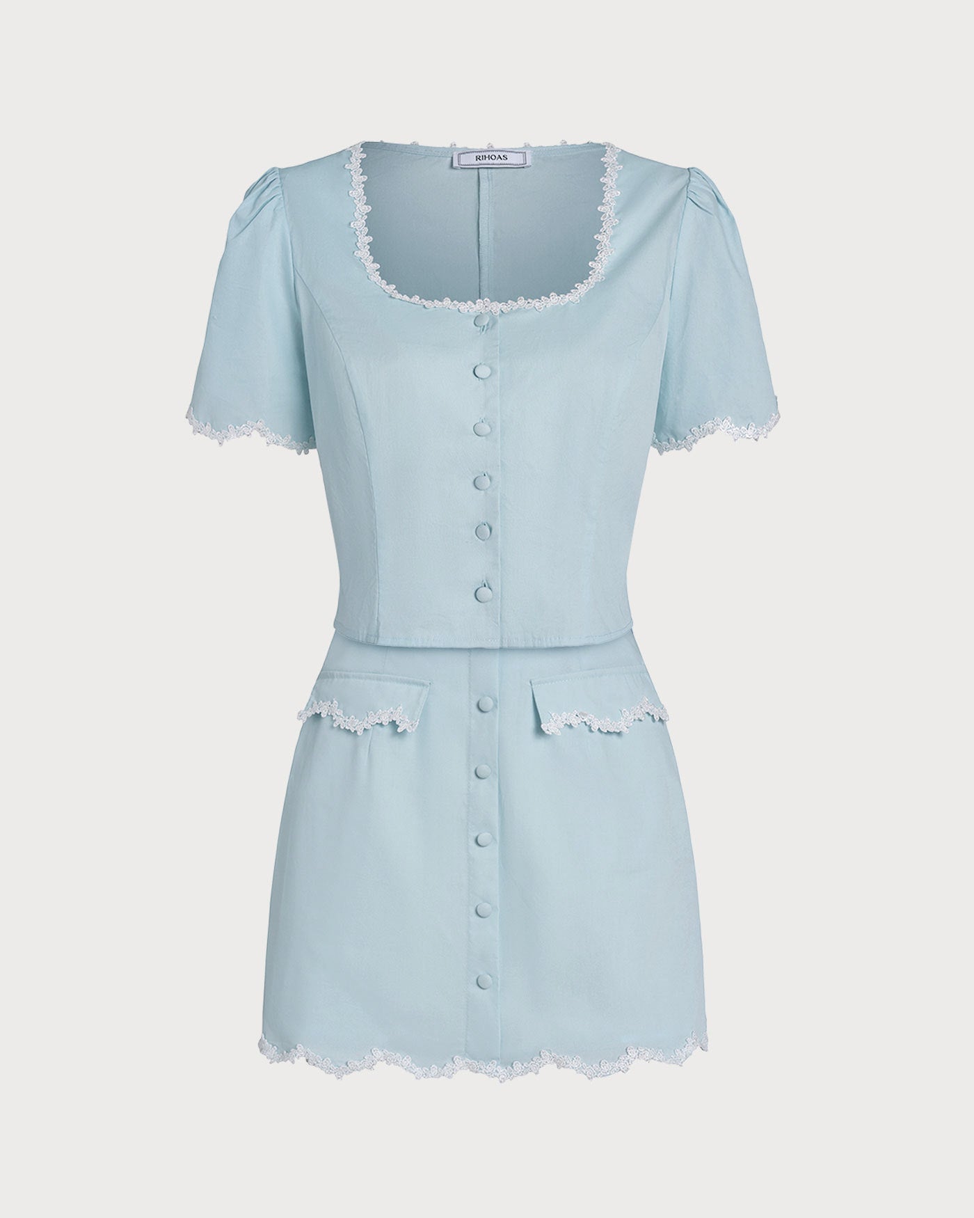 Blue Lace Button Square Neck Shirt | Rihoas
