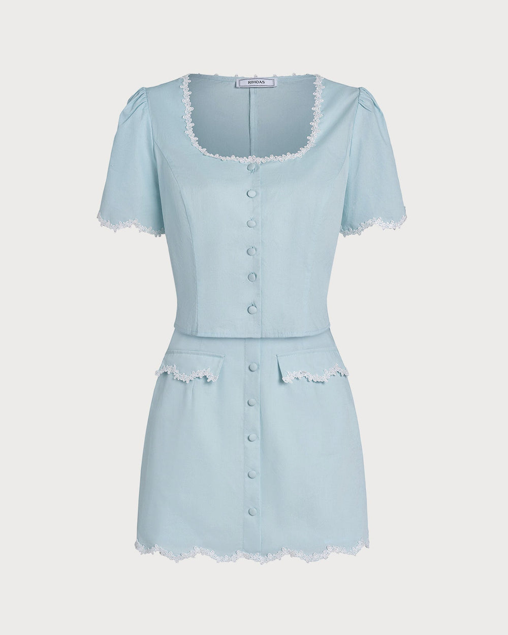 Blue Lace Button Square Neck Shirt | Rihoas