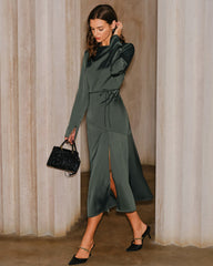 Green Satin Cowl Neck Slit Midi Dress | Rihoas