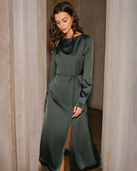 Green Satin Cowl Neck Slit Midi Dress | Rihoas