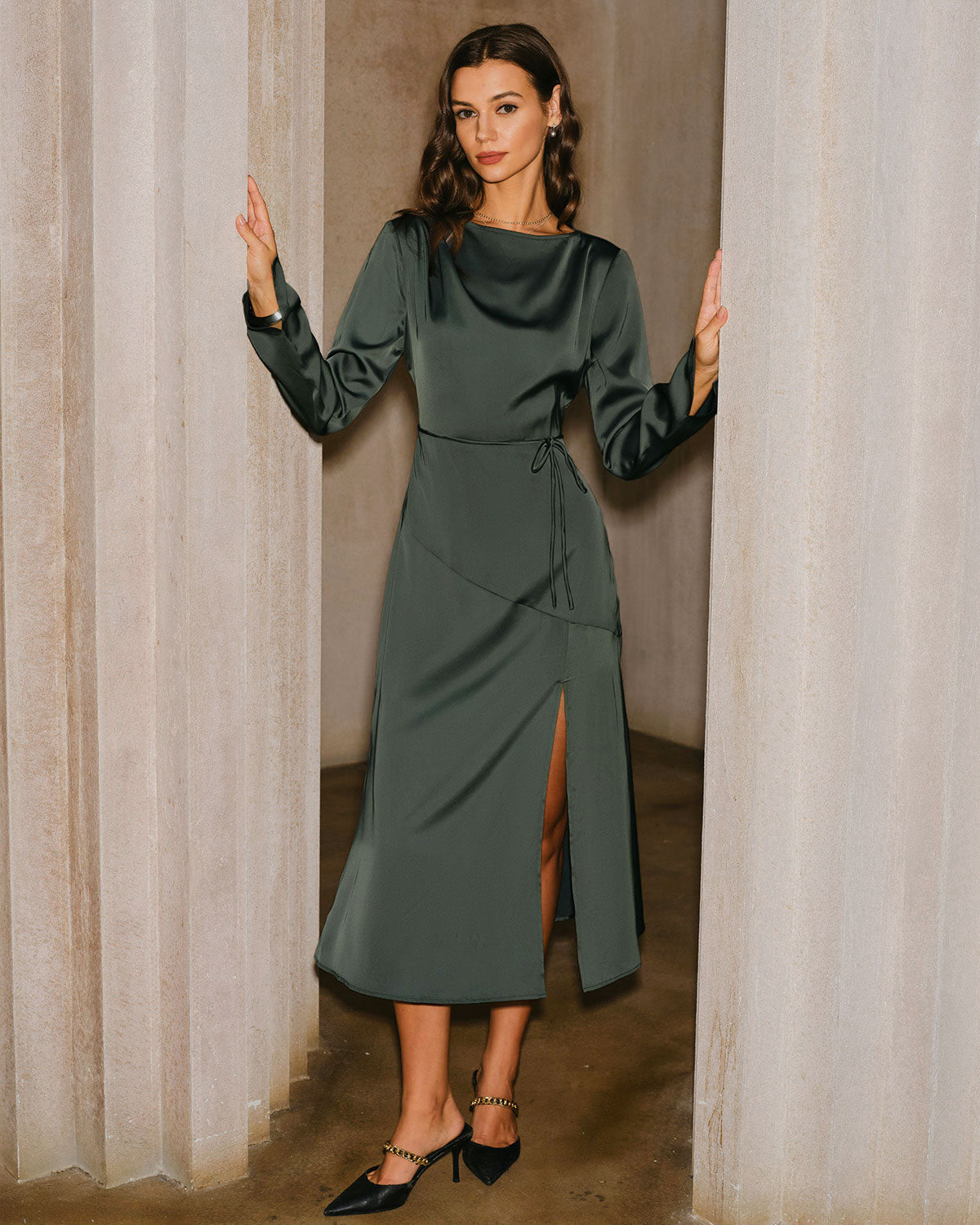 Green Satin Cowl Neck Slit Midi Dress | Rihoas
