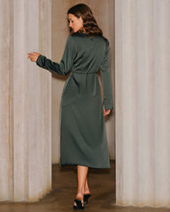 Green Satin Cowl Neck Slit Midi Dress | Rihoas