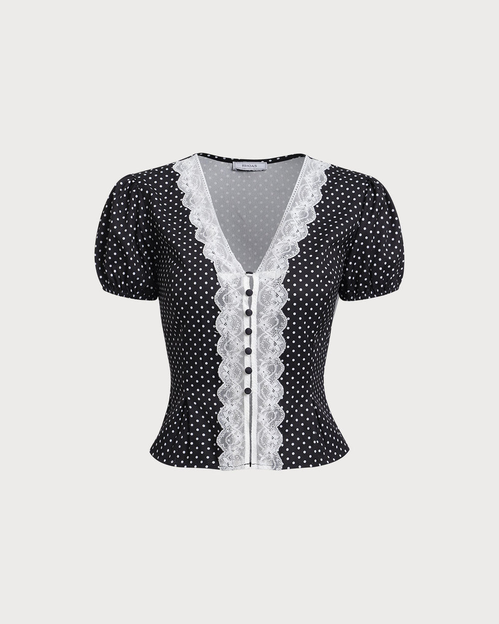 Black Polka Dot Lace Trim Blouse | Rihoas