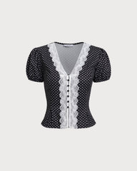 Black Polka Dot Lace Trim Blouse | Rihoas