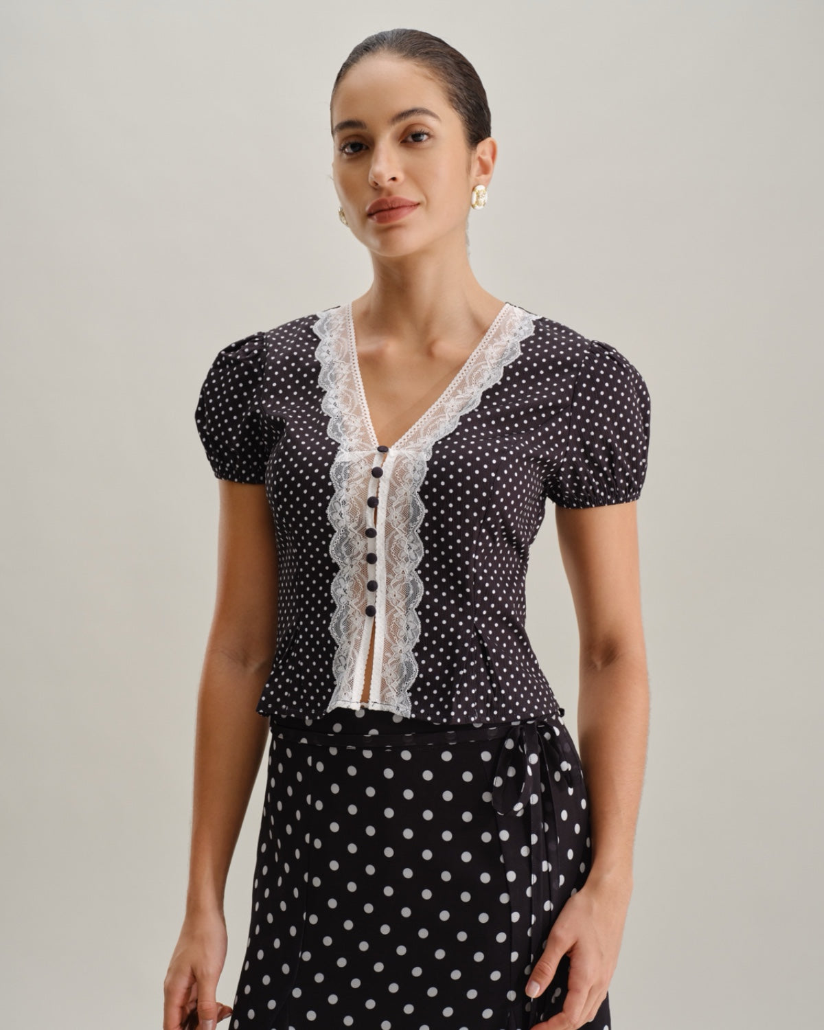 Black Polka Dot Lace Trim Blouse | Rihoas