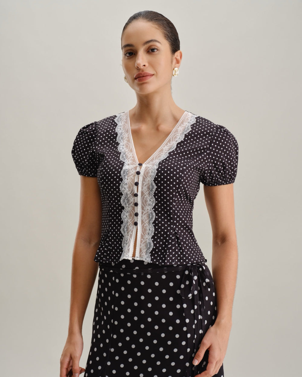 Black Polka Dot Lace Trim Blouse | Rihoas