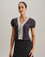 Black Polka Dot Lace Trim Blouse | Rihoas
