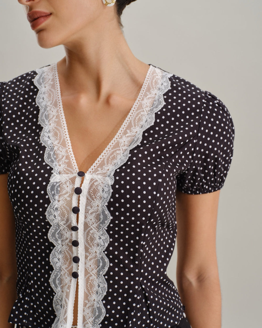Black Polka Dot Lace Trim Blouse | Rihoas