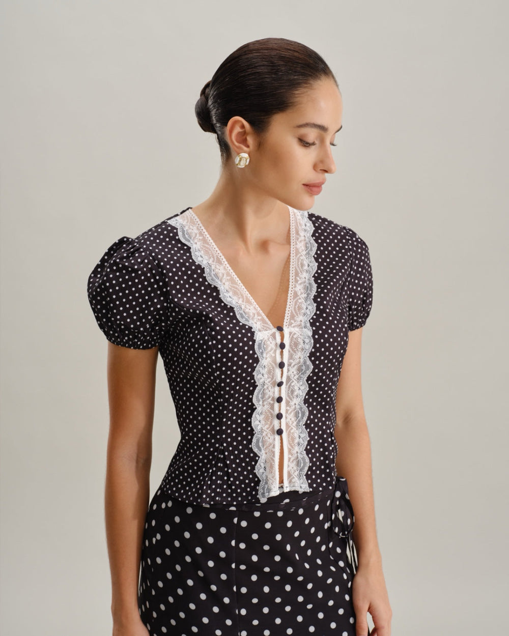 Black Polka Dot Lace Trim Blouse | Rihoas