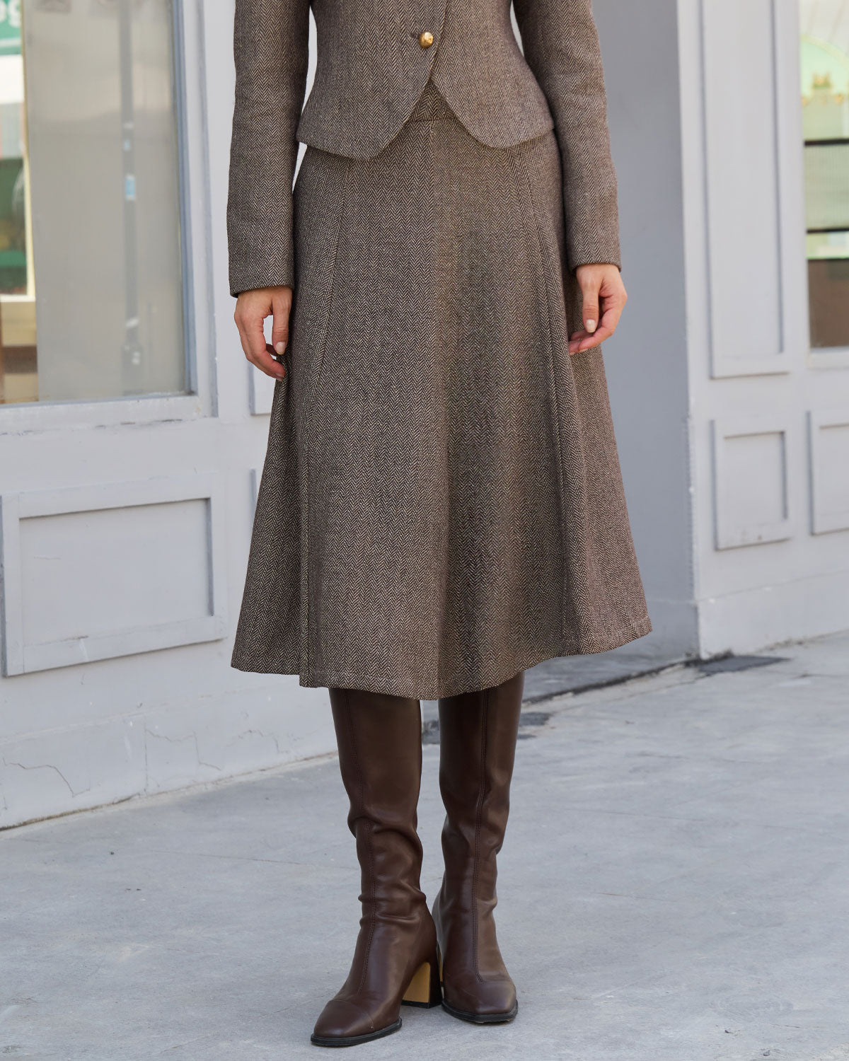 Brown Natural Waisted A-Line Midi Skirt | Rihoas