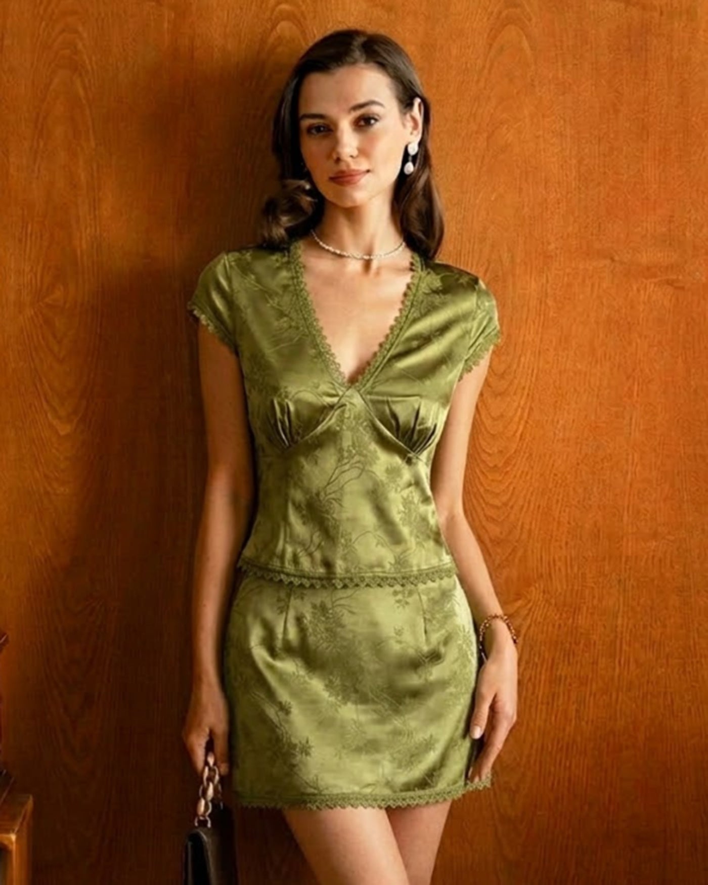 Green Floral Satin Mini Skirt | Rihoas