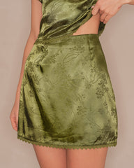 Green Floral Satin Mini Skirt | Rihoas