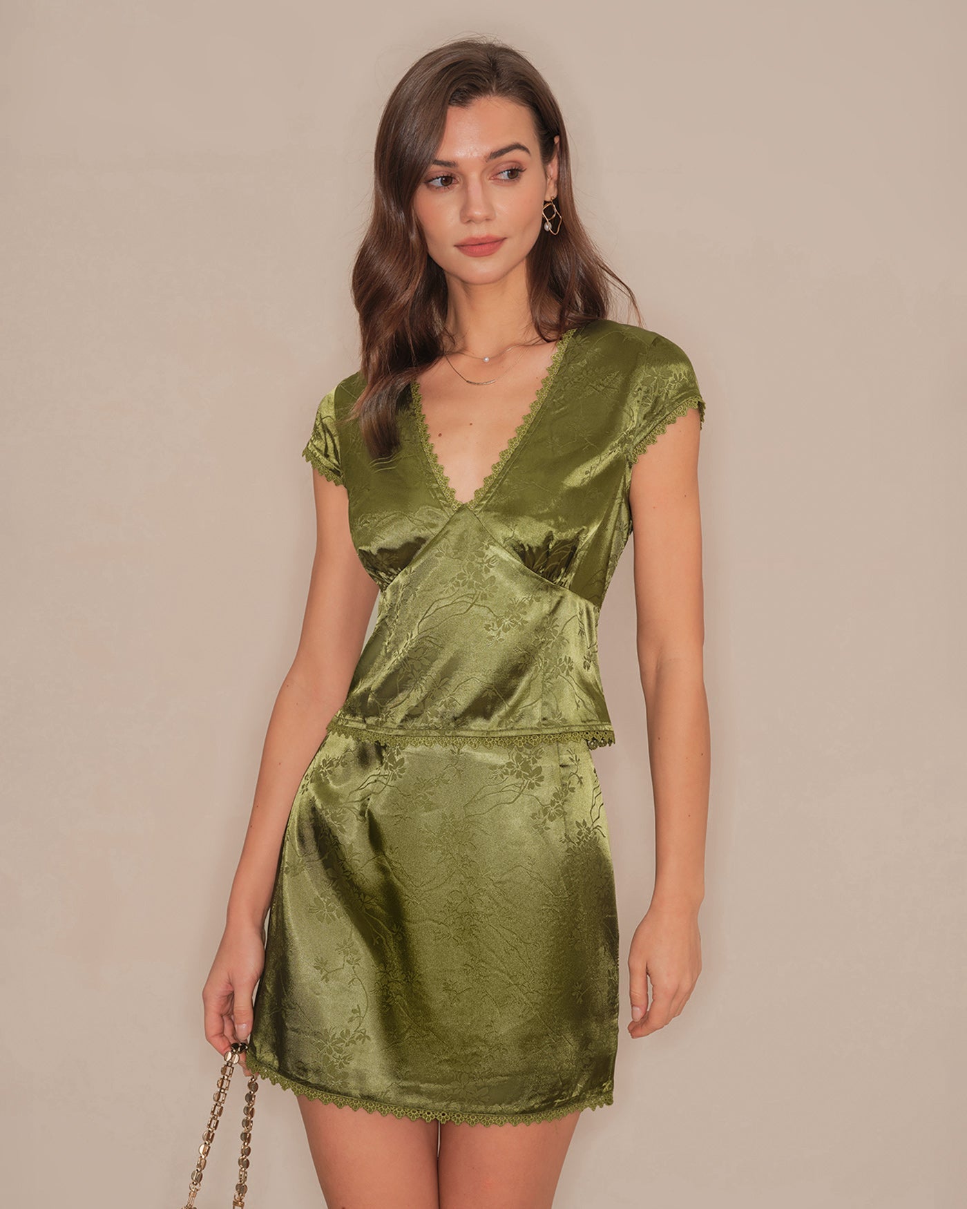 Green Floral Satin Mini Skirt | Rihoas