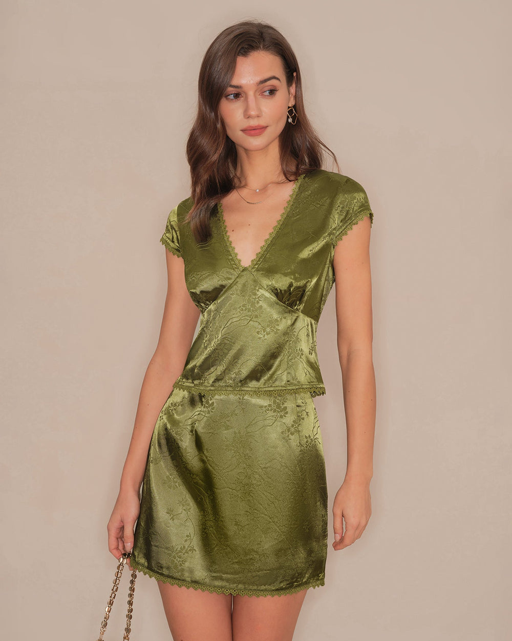 Green Floral Satin Mini Skirt | Rihoas