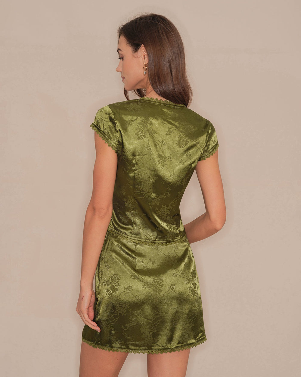Green Floral Satin Mini Skirt | Rihoas