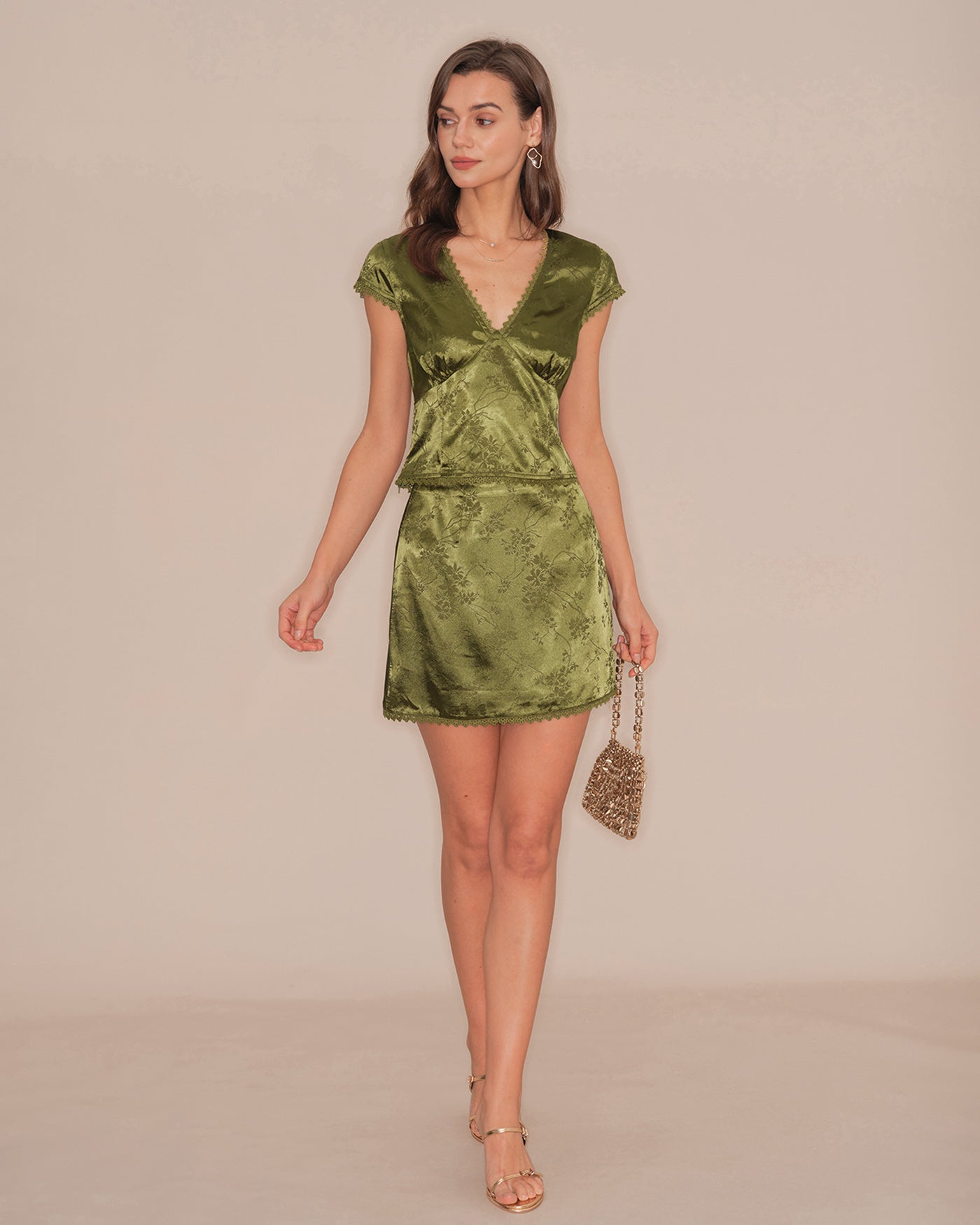 Green Floral Satin Mini Skirt | Rihoas