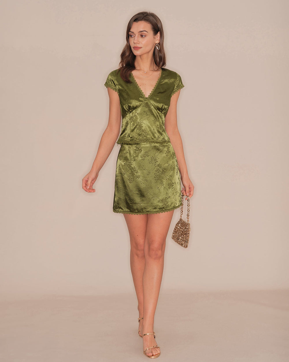 Green Floral Satin Mini Skirt | Rihoas