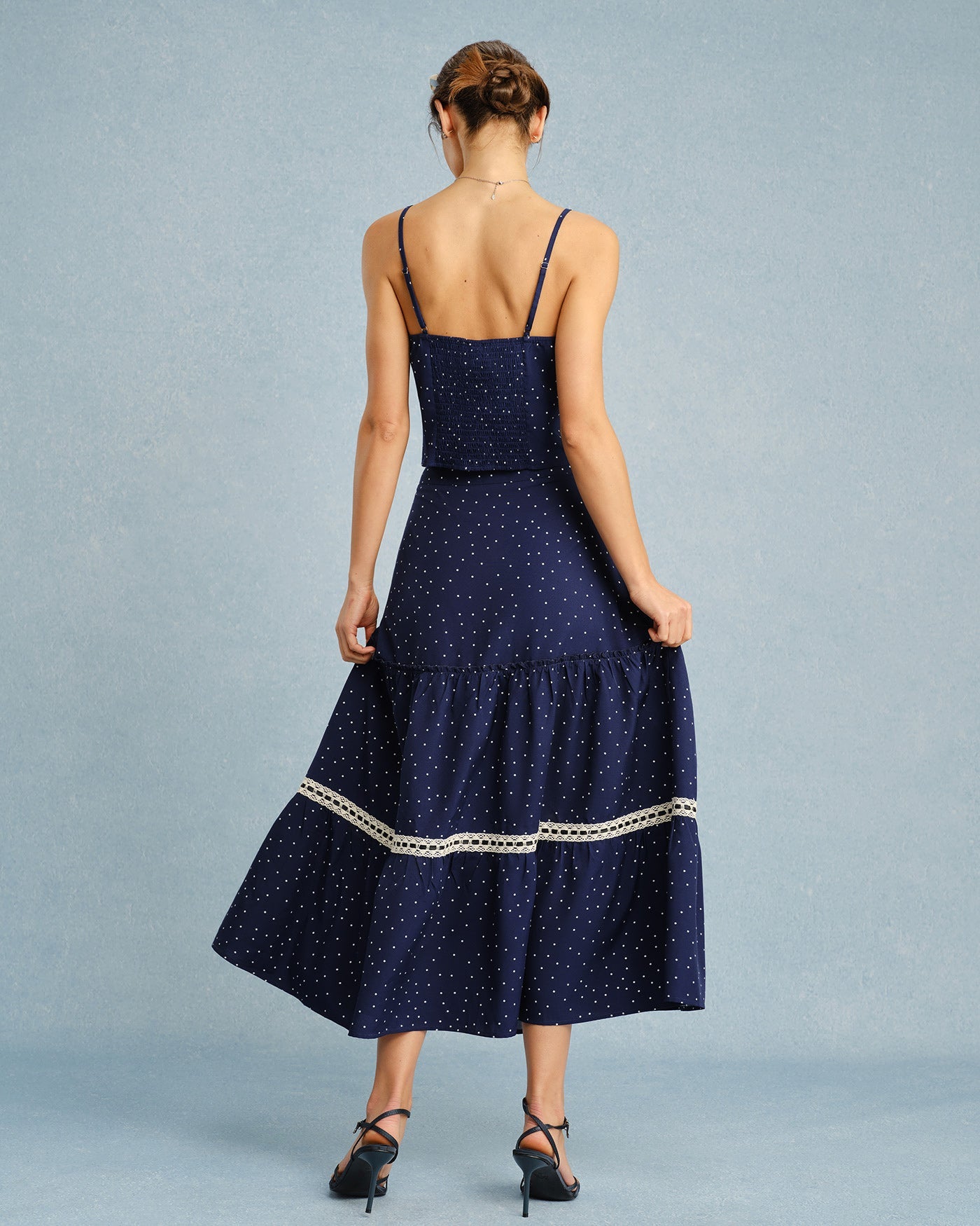 Navy Polka Dot Lace Midi Skirt | Rihoas