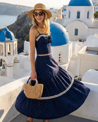Navy Polka Dot Lace Midi Skirt | Rihoas