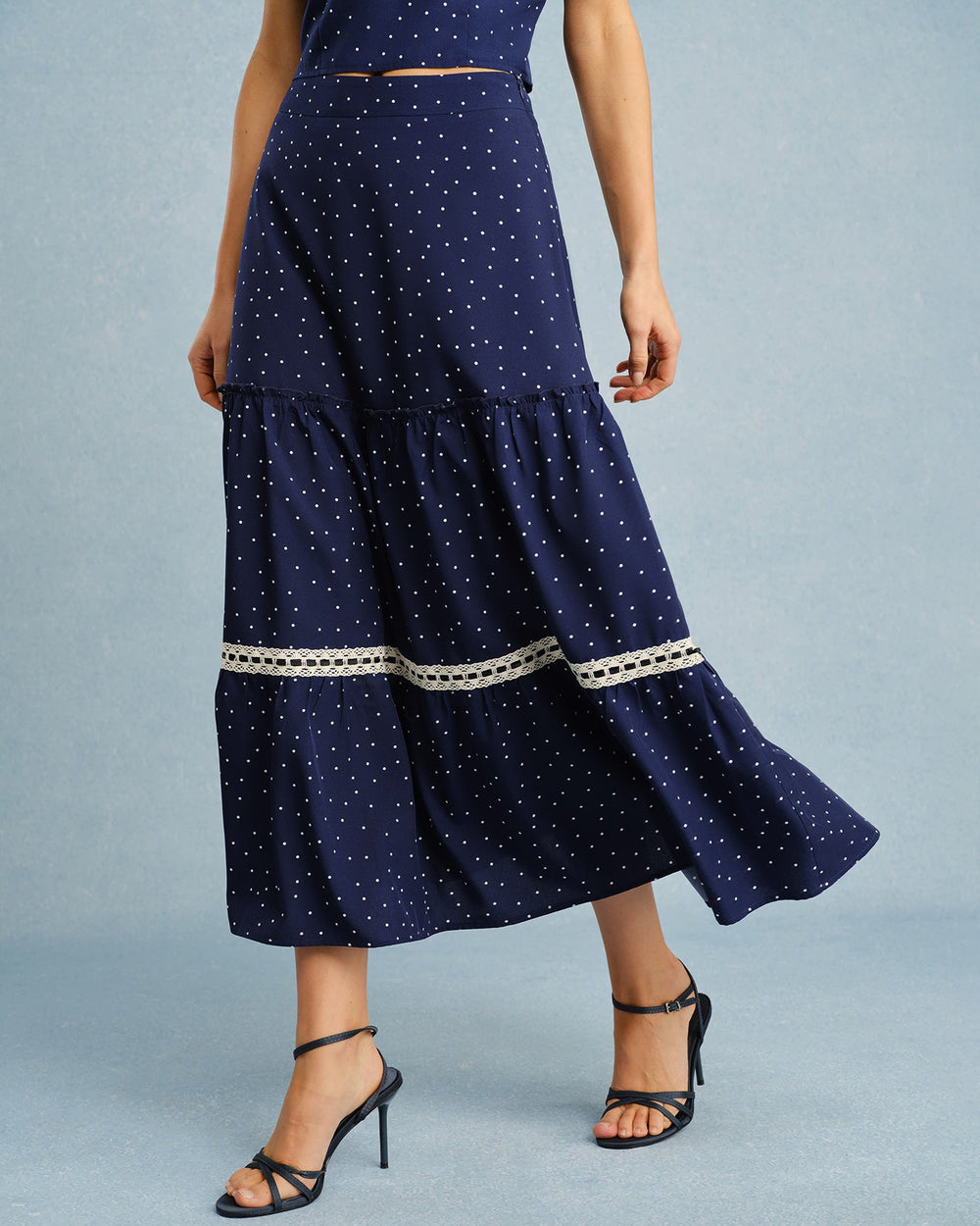 Navy Polka Dot Lace Midi Skirt | Rihoas