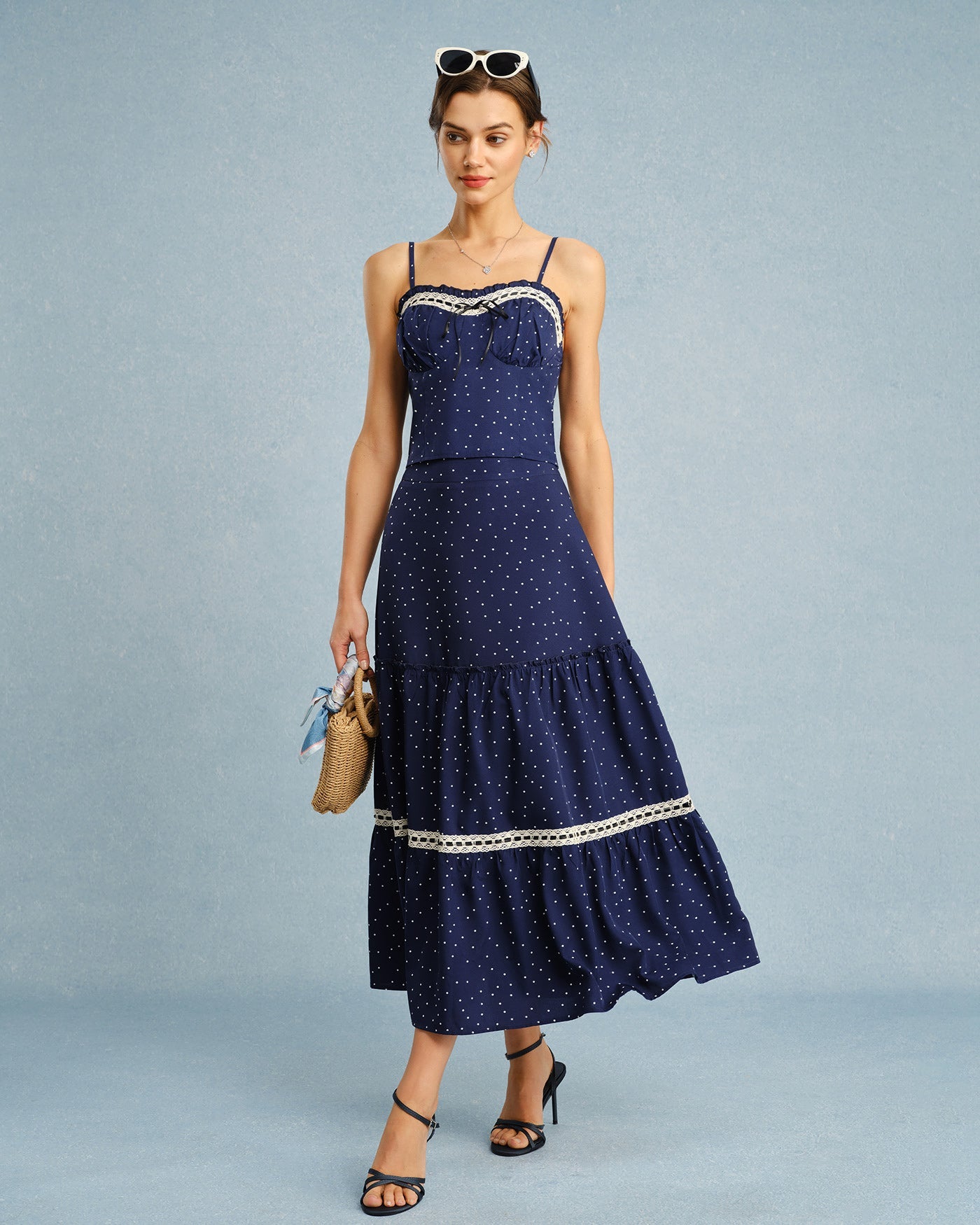 Navy Polka Dot Lace Midi Skirt | Rihoas