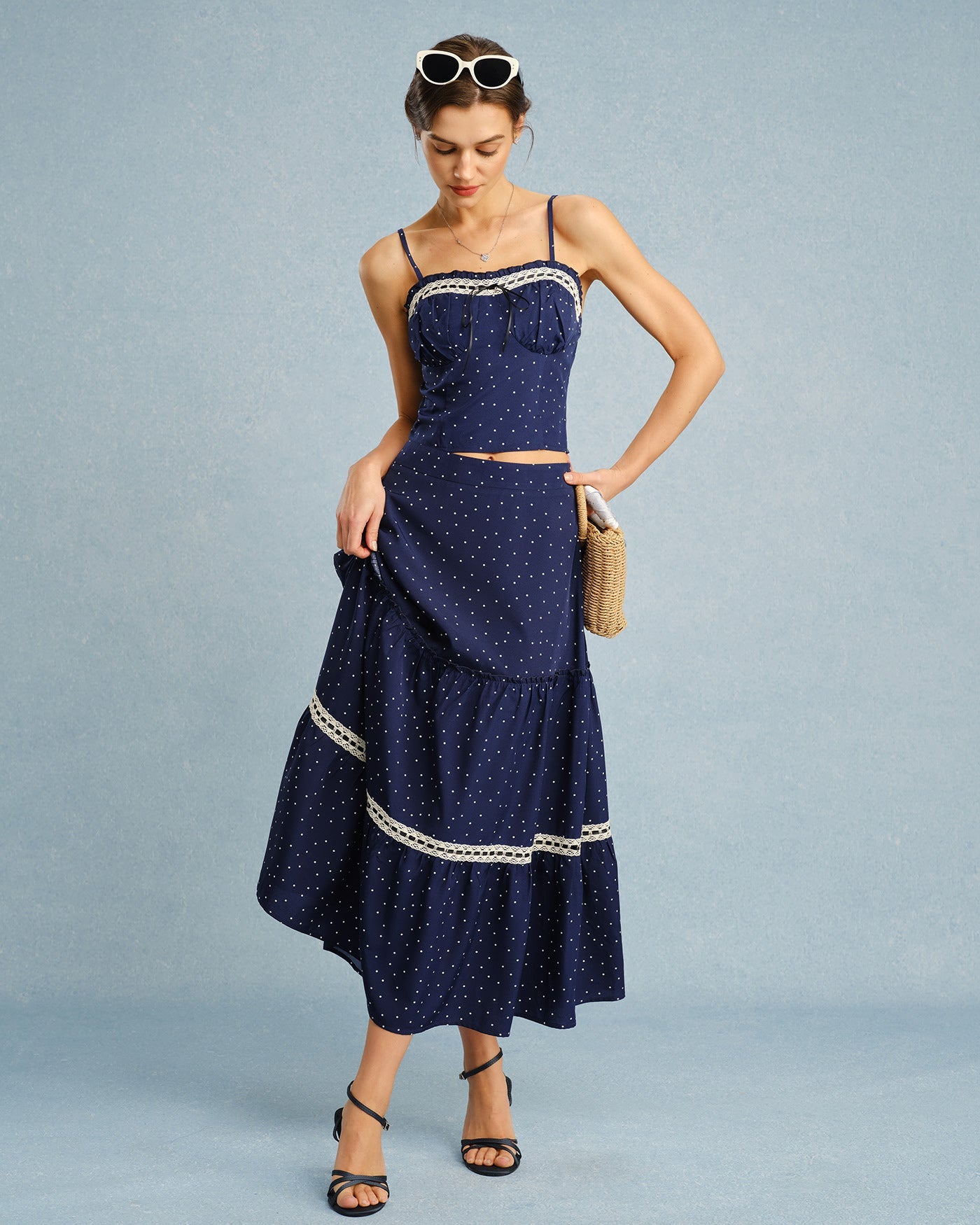 Navy Polka Dot Lace Midi Skirt | Rihoas