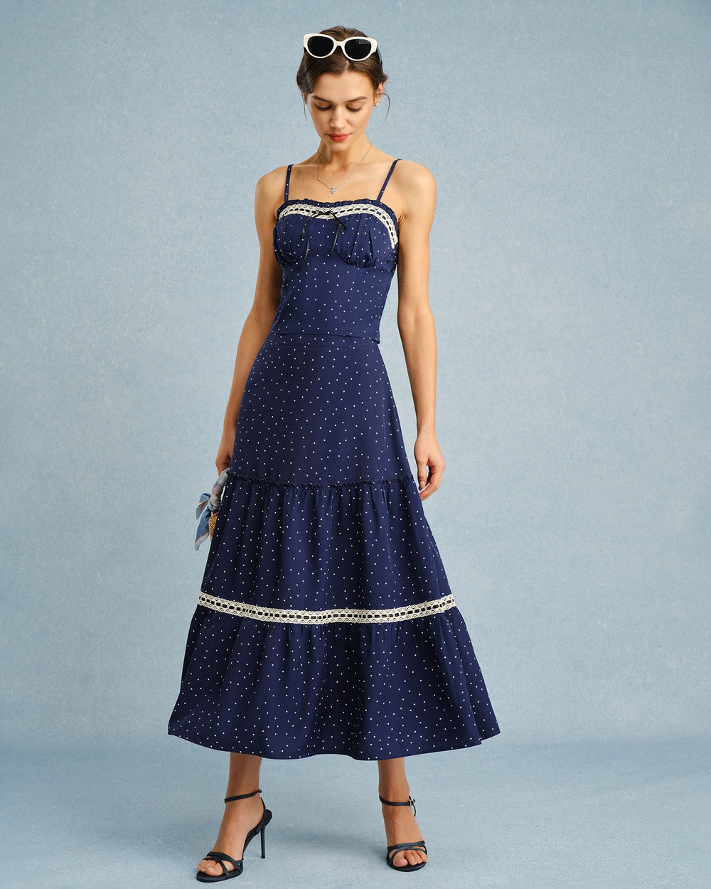 Navy Polka Dot Lace Midi Skirt | Rihoas