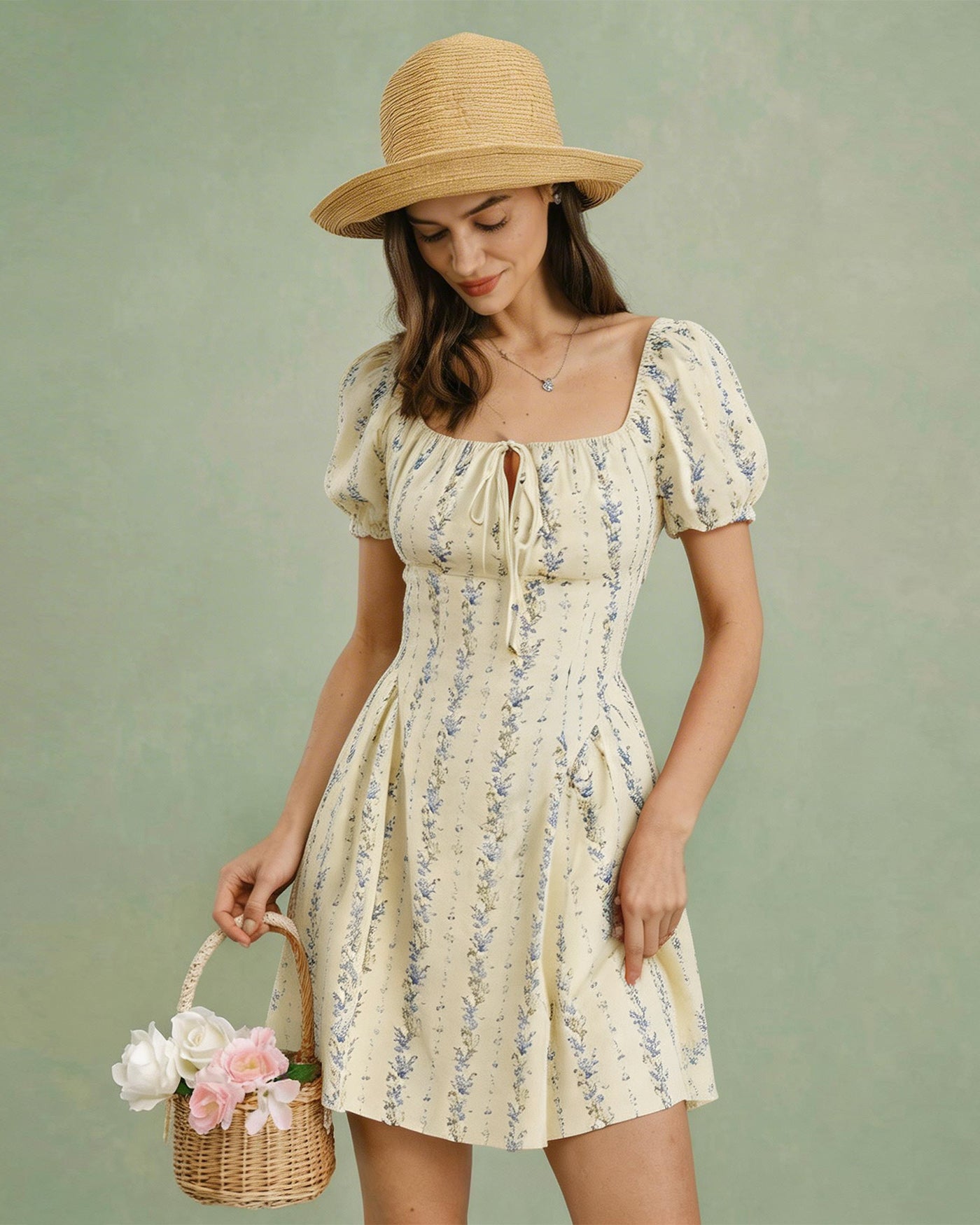 Apricot Square Neck Floral Mini Dress | Rihoas