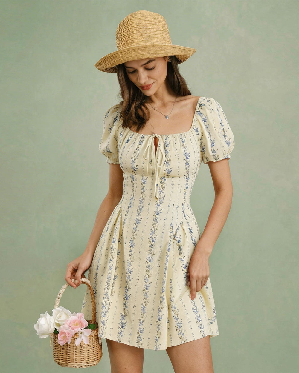 Apricot Square Neck Floral Mini Dress | Rihoas