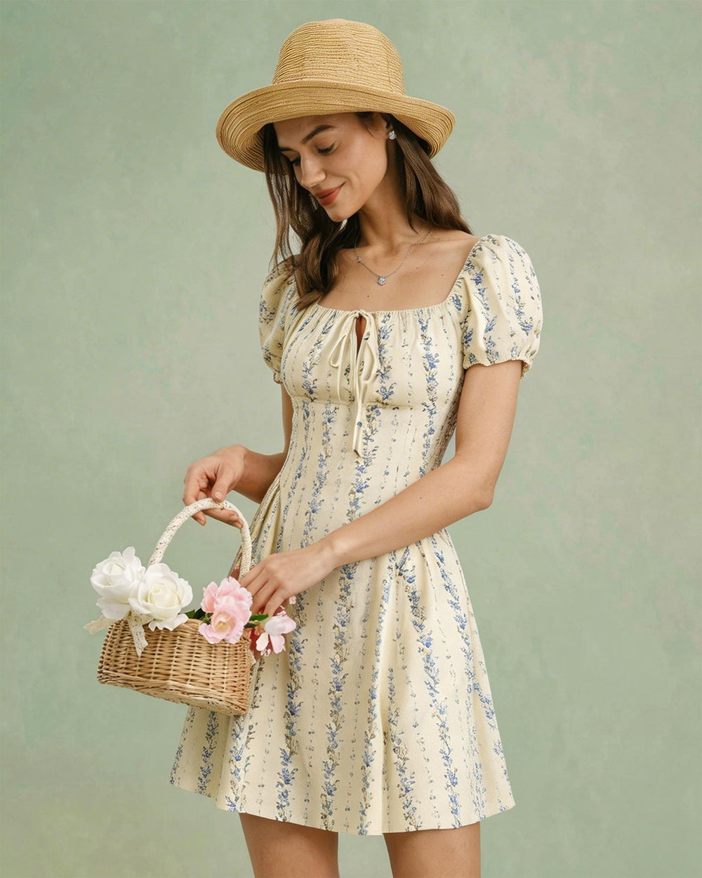 Apricot Square Neck Floral Mini Dress | Rihoas