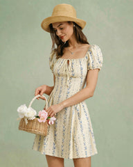 Apricot Square Neck Floral Mini Dress | Rihoas