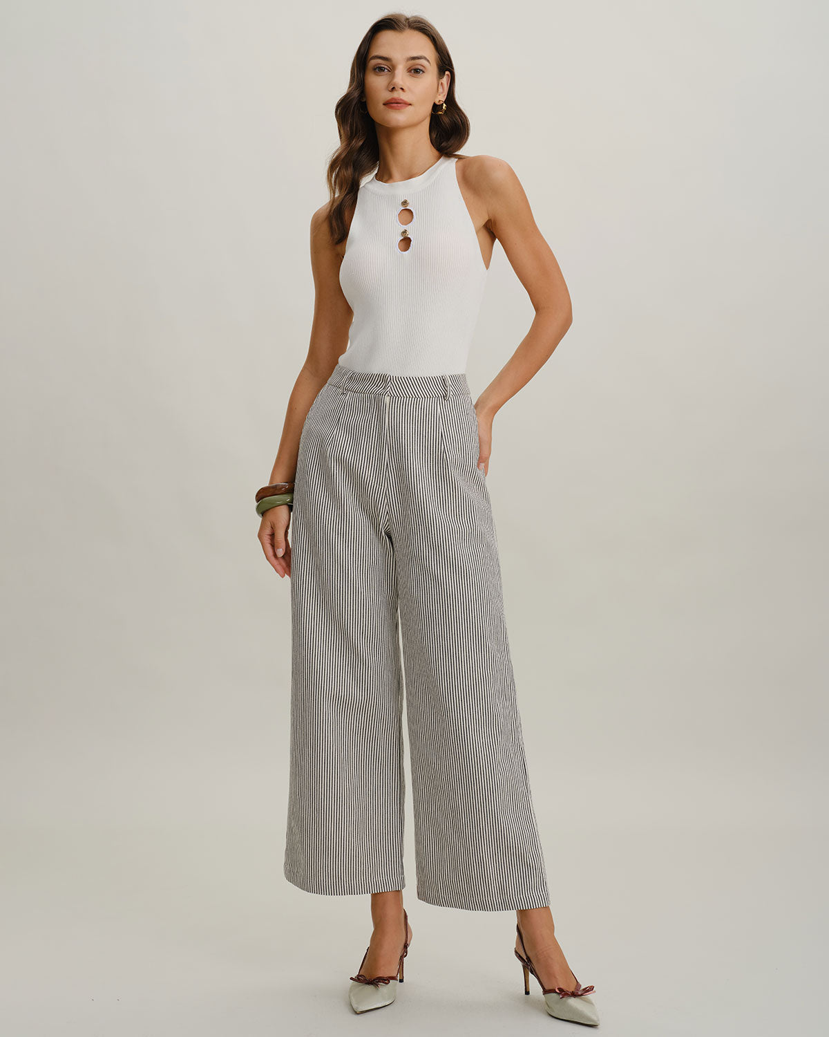 White Mock Neck Cut Out Knit Tee | Rihoas