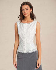 White Single Breasted Lace Vest | Rihoas