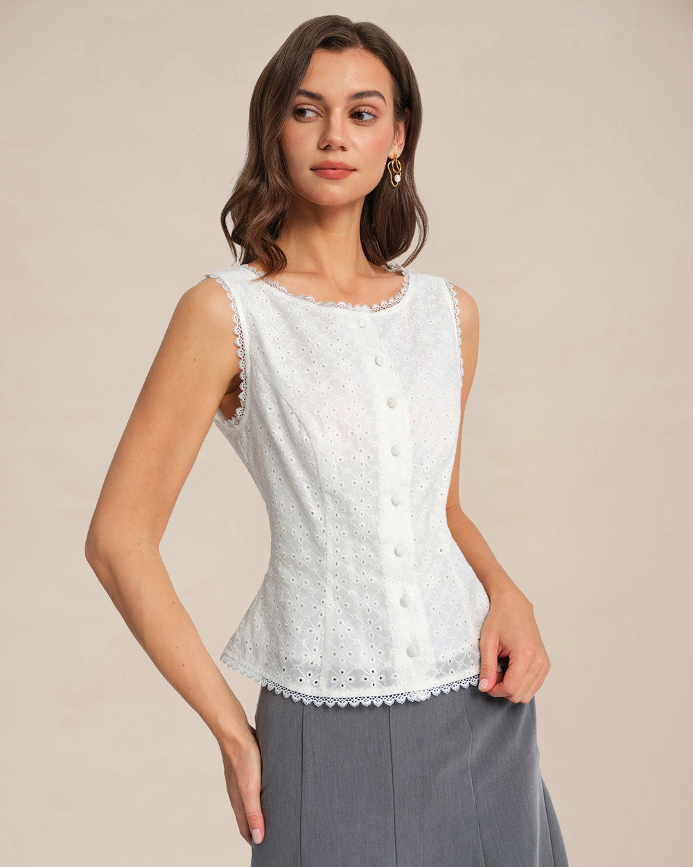 White Single Breasted Lace Vest | Rihoas