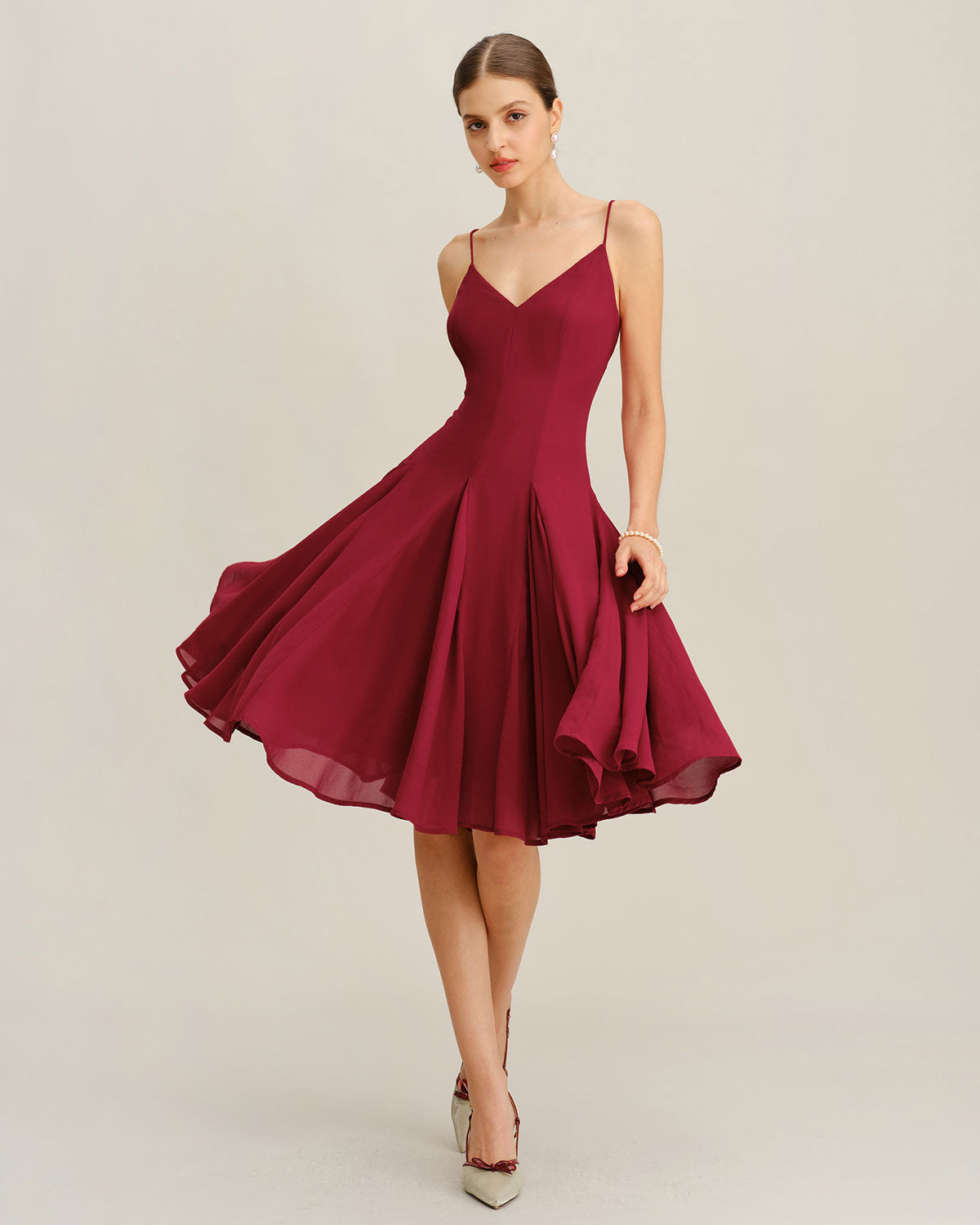 Red Chiffon A-Line Slip Midi Dress | Rihoas