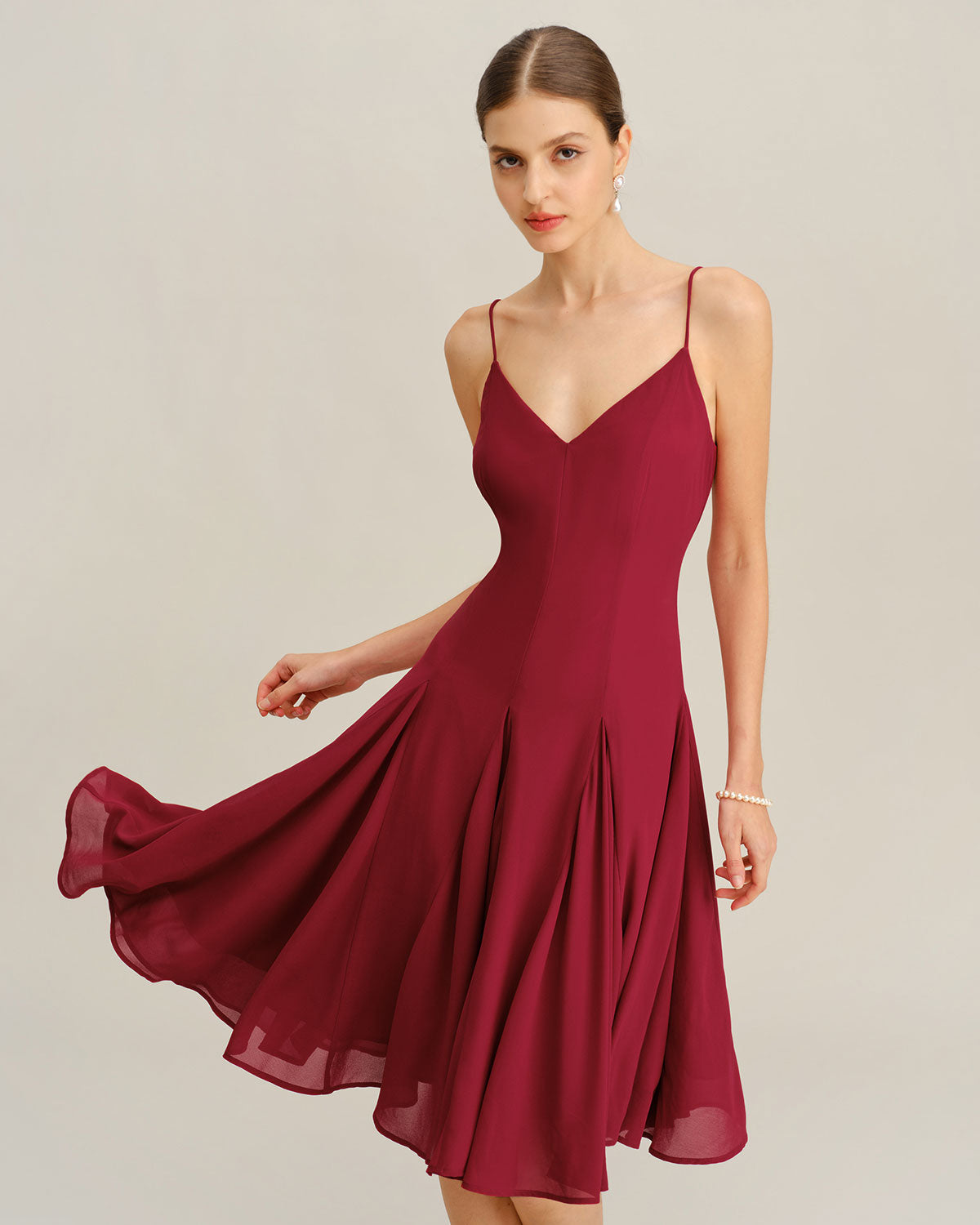 Red Chiffon A-Line Slip Midi Dress | Rihoas