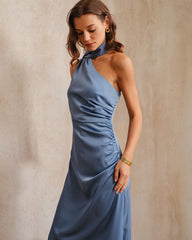 Blue One Shoulder A-Line Satin Maxi Dress | Rihoas