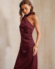 Wine Red Satin One Shoulder Maxi Dress | Rihoas