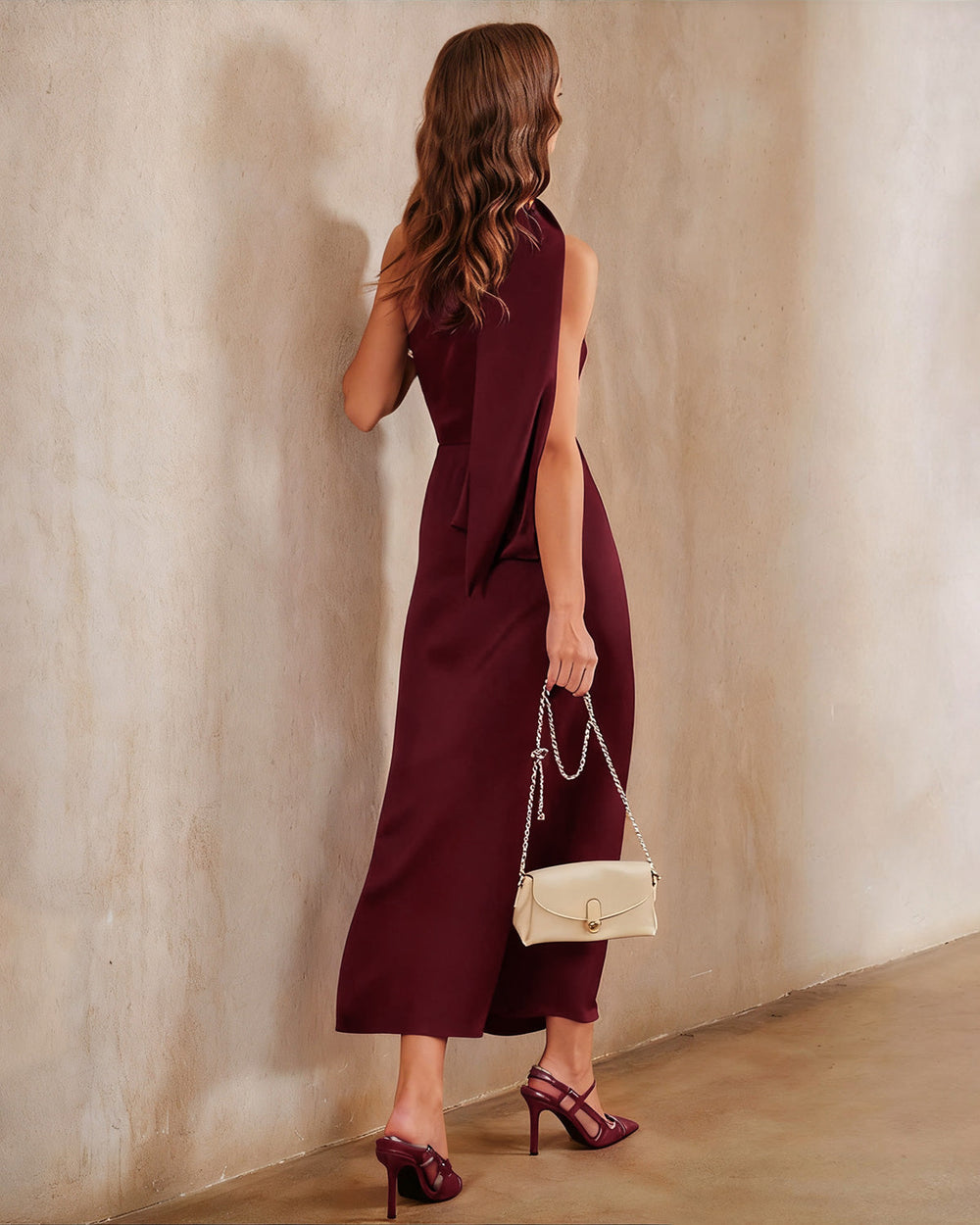 Wine Red Satin One Shoulder Maxi Dress | Rihoas