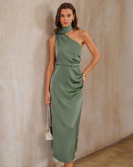 Green Satin One Shoulder Maxi Dress | Rihoas