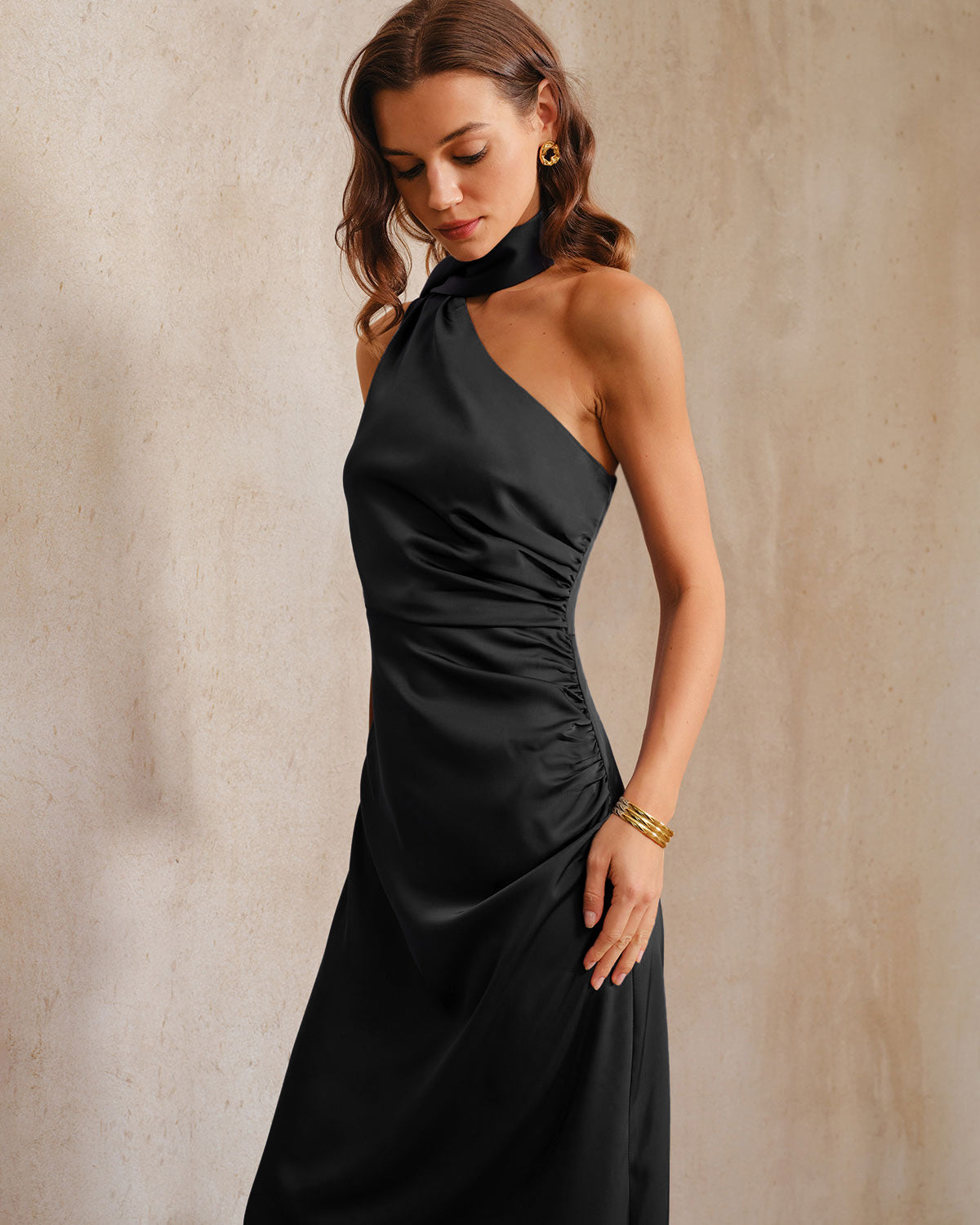 Black One Shoulder A-Line Maxi Dress | Rihoas