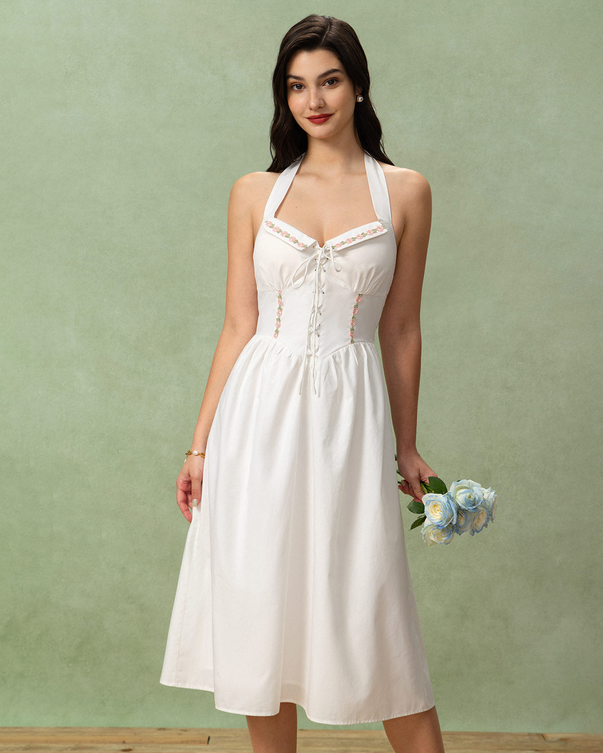 White Embroidery A-Line Halter Midi Dress | Rihoas