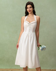 White Embroidery A-Line Halter Midi Dress | Rihoas