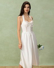 White Embroidery A-Line Halter Midi Dress | Rihoas