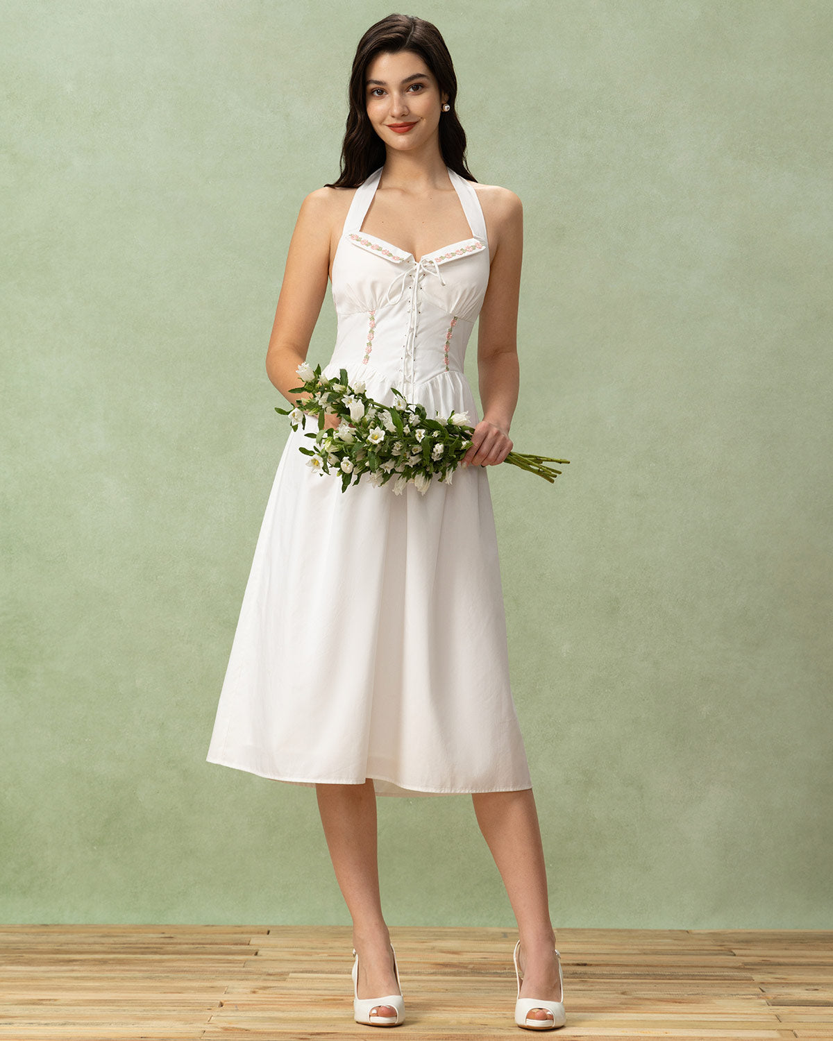 White Embroidery A-Line Halter Midi Dress | Rihoas