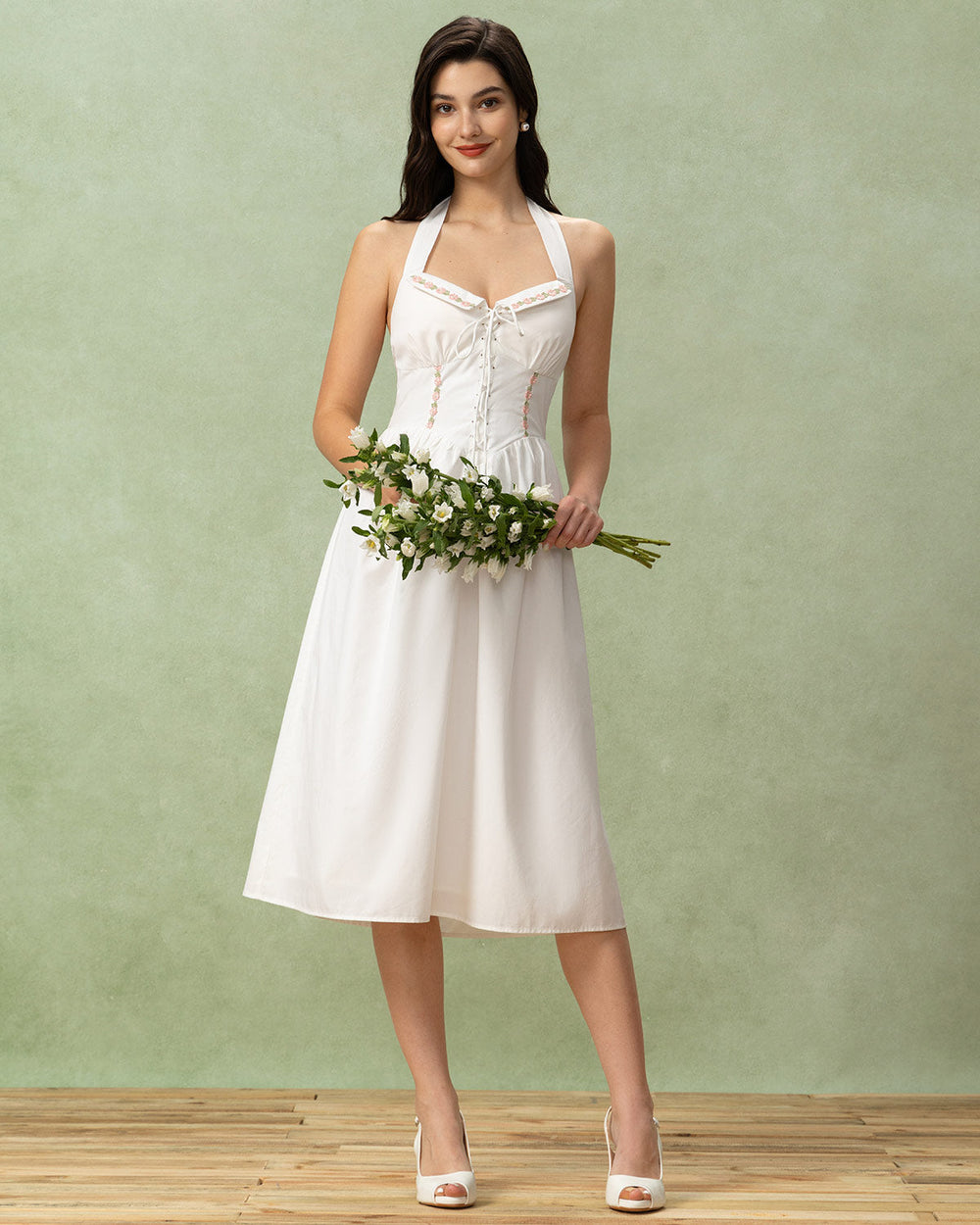 White Embroidery A-Line Halter Midi Dress | Rihoas